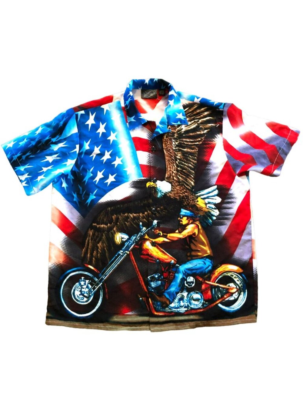 Sapphire Lounge Biker Chopper Shirt Sz XL Flag All Over Print Button Up Mens